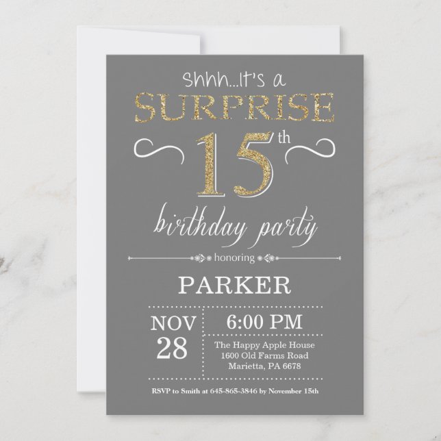 Convite de Aniversário de 15 anos Surpresa Cinza e (Frente)