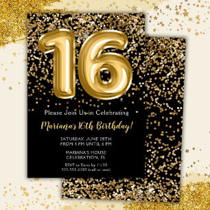 Convite de Aniversário de 16 Anos Black Gold Kids