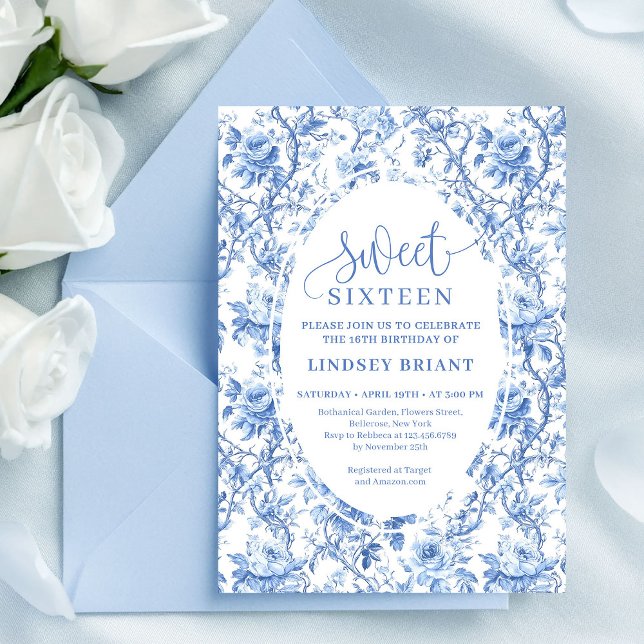 Convite de Aniversário de 16 Anos Blue Roses Digit (Blue Roses Digital Floral 16th Birthday Invitation)