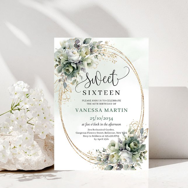 Convite de Aniversário de 16 anos Botânico em Verd (Dusty Green Botanical Sweet 16 Birthday Invitation)