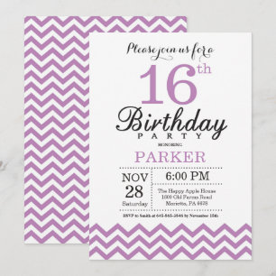 Convite de Aniversário de 16 Anos Chevron Roxo