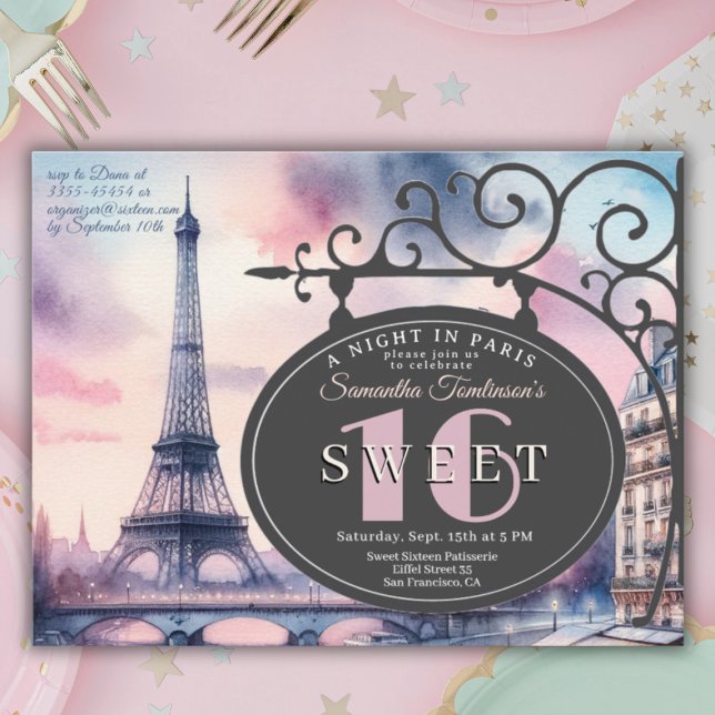Convite de Aniversário de 16 Anos com a Torre Eiff (Sweet 16, Paris themed invitation
)