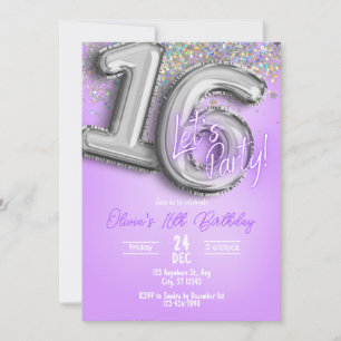Convite de Aniversário de 16 anos com Brilho Roxo