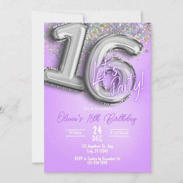 Convite de Aniversário de 16 anos com Brilho Roxo (Frente)