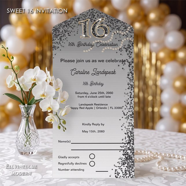 Convite de Aniversário de 16 anos com Caligrafia e (Chic Sweet 16 invite with an easy-to-tear perforated RSVP card. Black Glitter Celebration!)