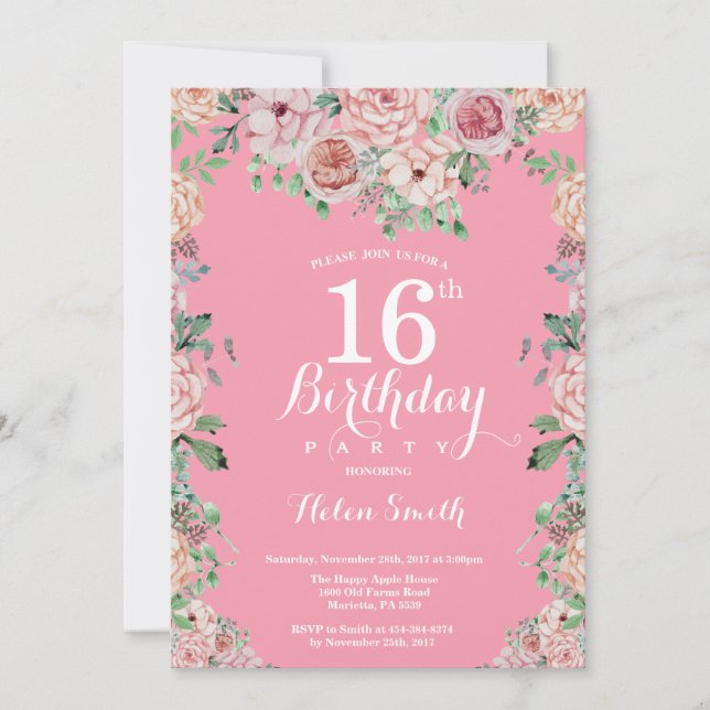 Convite de Aniversário de 16 Anos com Peônias Rosa (Frente)