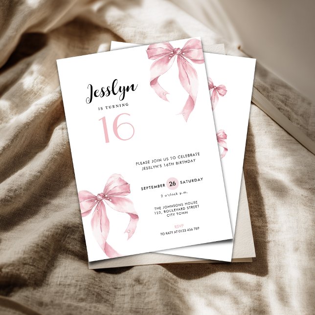 Convite de Aniversário de 16 Anos Coquette com Laç (Pink Bow Coquette 16th birthday invitation for girls)
