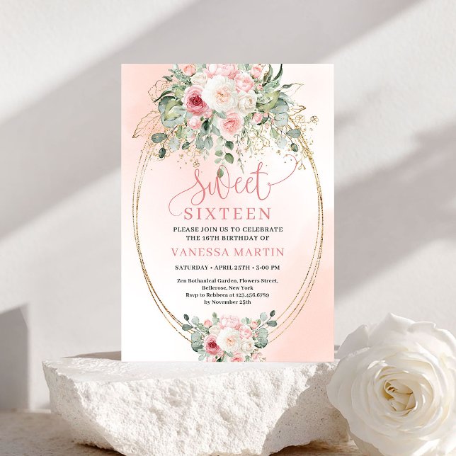 Convite de Aniversário de 16 Anos Doce com Rosas C (Chic Gold Blush Roses Sweet 16 Birthday Invitation)