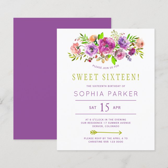 Convite de aniversário de 16 anos doce e roxo flor (Frente/Verso)