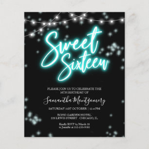 Convite de aniversário de 16 anos doce Neon Teal o