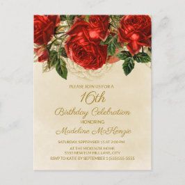 Convite de Aniversário de 16 Anos Elegant Red Rose