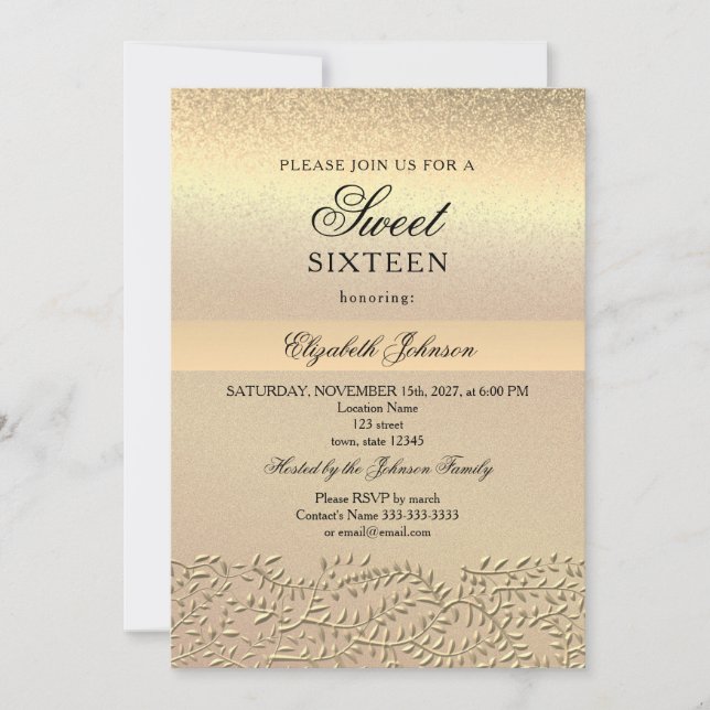 Convite de Aniversário de 16 Anos Elegante Dourado (Frente)