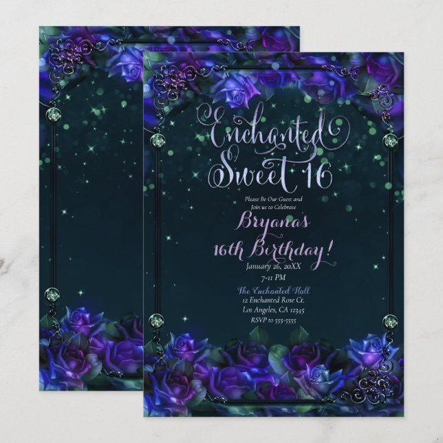 Convite de Aniversário de 16 anos Enchanted Purple (Frente/Verso)