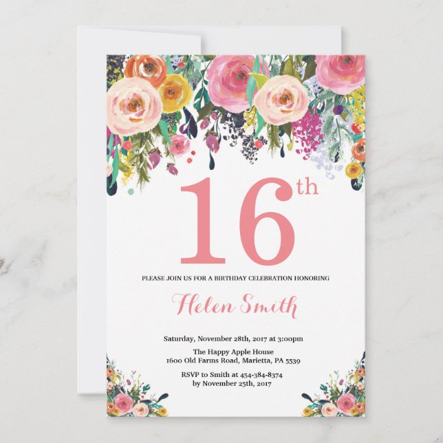Convite de Aniversário de 16 Anos Floral Rosa (Frente)