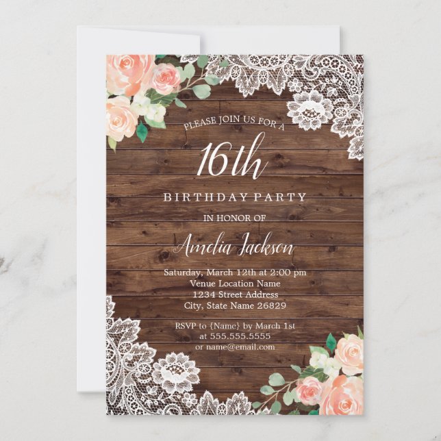 Convite de Aniversário de 16 Anos Floral Rústico e (Frente)