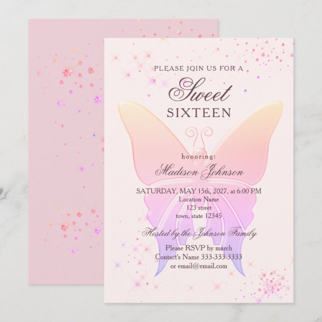 Convite de Aniversário de 16 Anos Glitter Rosa (Frente/Verso)
