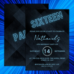 Convite de Aniversário de 16 Anos Neon Azul