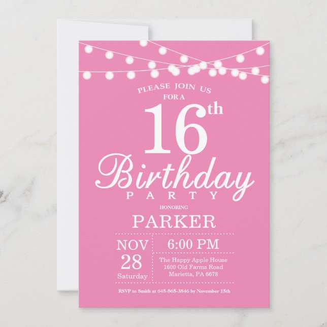 Convite de Aniversário de 16 anos Rosa (Frente)