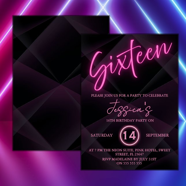 Convite de Aniversário de 16 Anos Rosa Neon (Criador carregado)