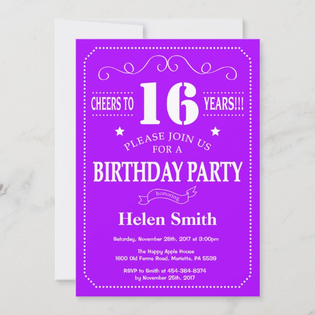 Convite de Aniversário de 16 Anos Roxo e Branco (Frente)