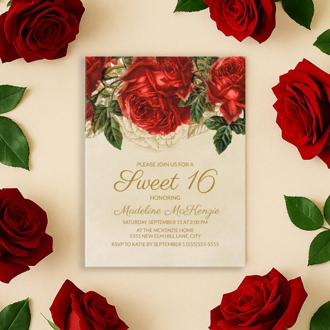 Convite de Aniversário de 16 Anos Tan Elegante com (Elegant red roses Sweet 16 birthday party invitation postcard)