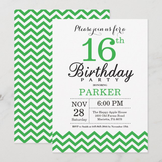 Convite de Aniversário de 16 anos Verde Chevron (Frente/Verso)