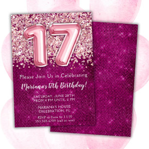 Convite de Aniversário de 17 Anos Menina Brilho Ro