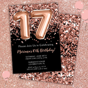 Convite de Aniversário de 17 Anos Preto Rosa Doura