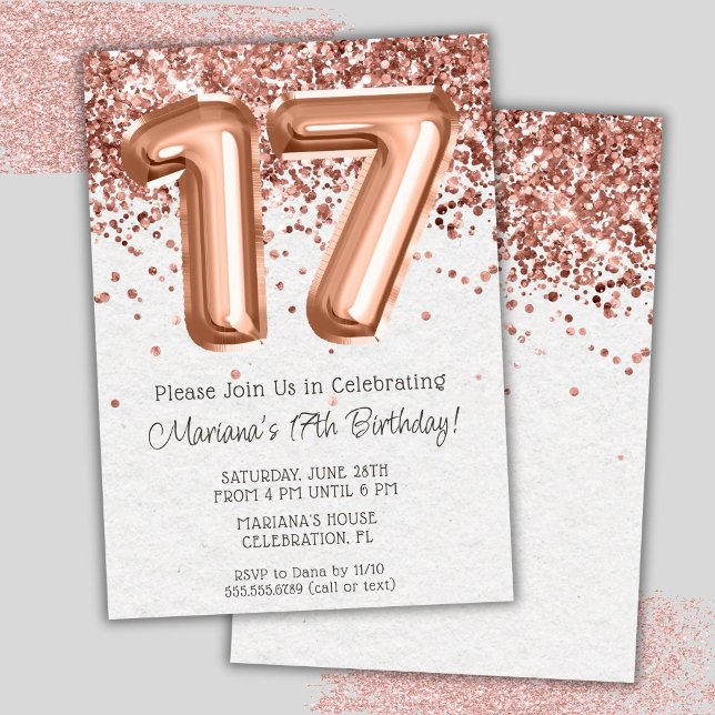 Convite de Aniversário de 17 Anos Rose Gold (Criador carregado)