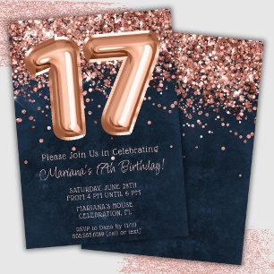 Convite de Aniversário de 17 Anos Rose Gold Azul N