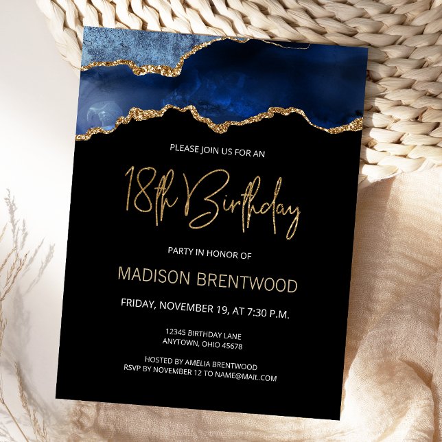Convite de Aniversário de 18 anos Agate Blue Gold (Criador carregado)