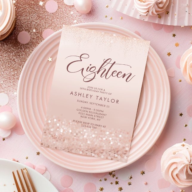 Convite de Aniversário de 18 Anos com Brilho em Ro (Rose Gold Glitter 18th Birthday Invitation Card)