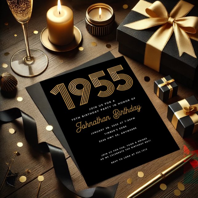 Convite de aniversário de 1955, Black Faux Dourado (1955 Black Faux Gold 70th Birthday Invitation. Celebrate turning 70 in style! Modern & simple design)