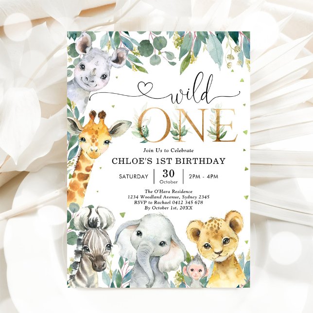 Convite de Aniversário de 1 Ano Animais da Festa d (Criador carregado)