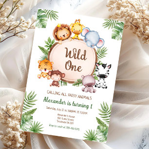 Convite de Aniversário de 1 Ano Animais Safari Wil