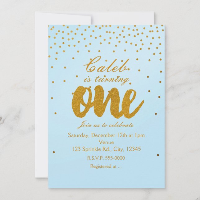 Convite de Aniversário de 1 Ano Azul Claro e Doura (Frente)