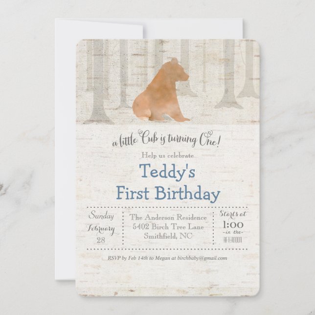 Convite de Aniversário de 1 Ano Bear Birch Primeir (Frente)