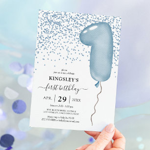 Convite de Aniversário de 1 Ano Blue Balloon