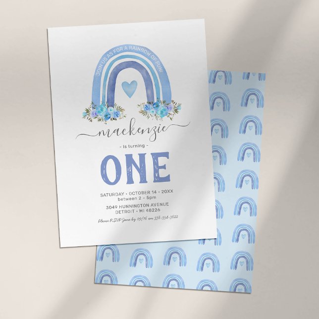 Convite de Aniversário de 1 Ano Blue Boho Rainbow (Criador carregado)