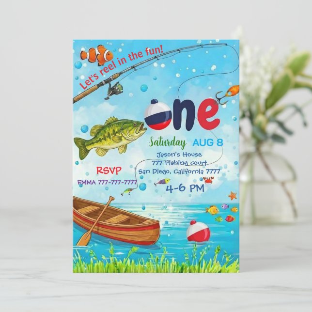 Convite de Aniversário de 1 Ano Blue Fish Boat Ofi (Em pé/Frente)