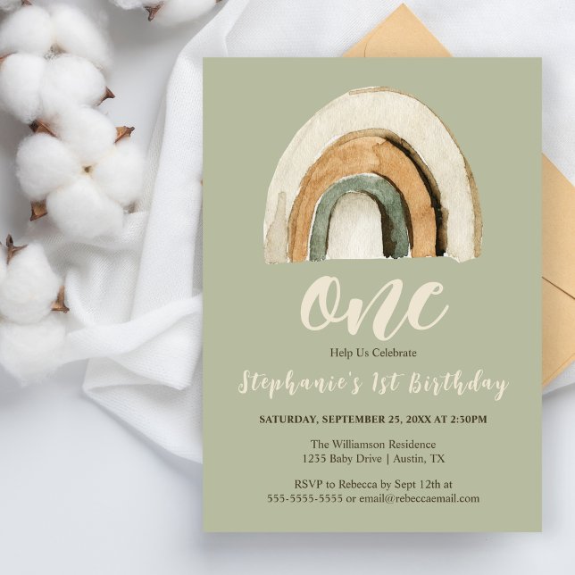 Convite de aniversário de 1 ano Boho Rainbow Green (Criador carregado)