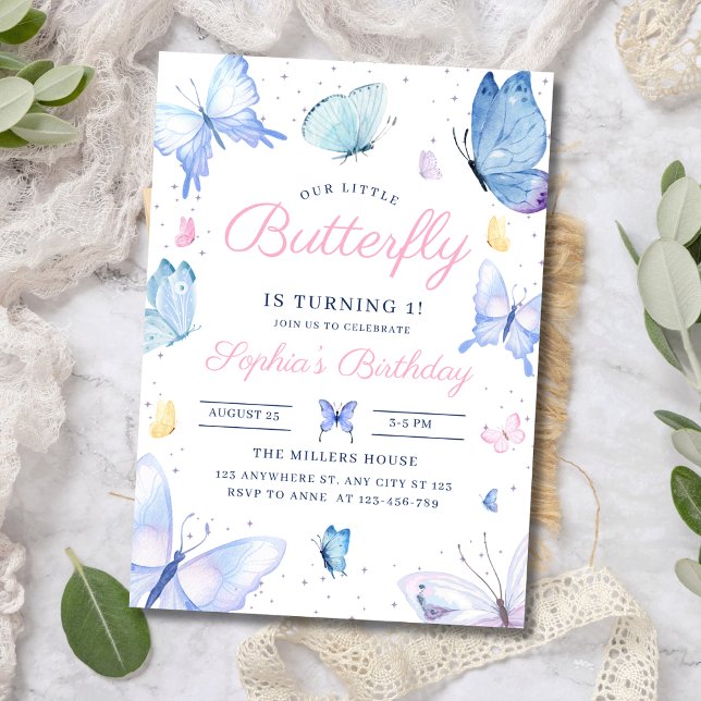 Convite de aniversário de 1 ano Borboleta Roxa Bor (Criador carregado)