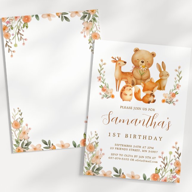 Convite de Aniversário de 1 ano com Animais da Flo (Watercolor Woodland Animals 1st Birthday Invite)