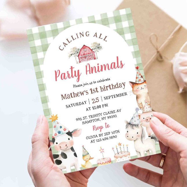 Convite de Aniversário de 1 Ano com Animais de Faz (Criador carregado)