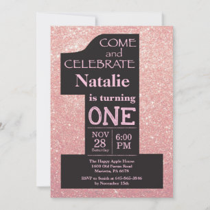 Convite de Aniversário de 1 Ano com Brilho em Rose