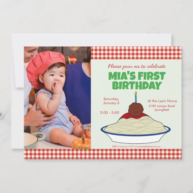 Convite de Aniversário de 1 ano com Espaguete e Al (Frente)