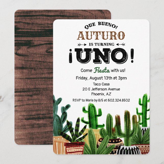 Convite de Aniversário de 1 Ano com Festa Cactus (Frente/Verso)