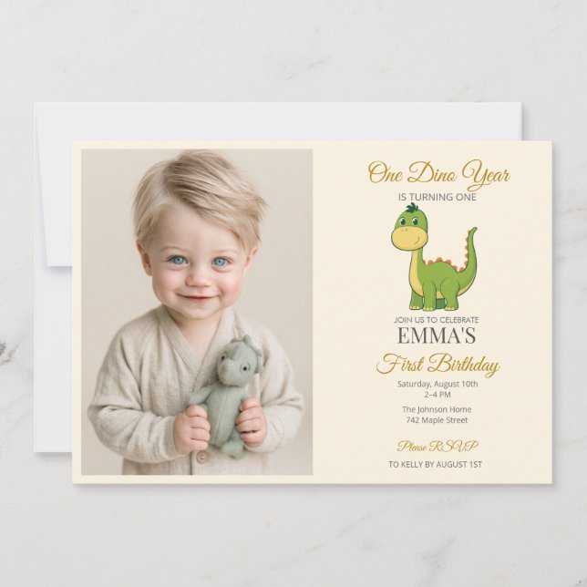 Convite de Aniversário de 1 ano com Foto de Dinoss (Frente)