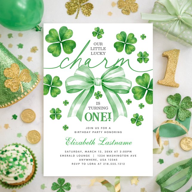 Convite de Aniversário de 1 Ano com Laço Verde Tre (Shamrock Green Bow Lucky Charm 1st Birthday Invitation)