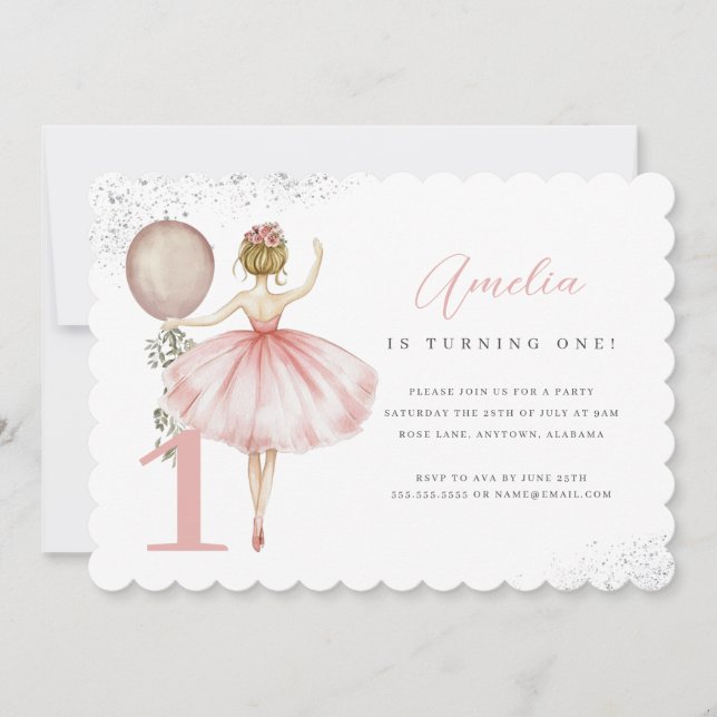 Convite de Aniversário de 1 Ano da Bailarina Rosa (Frente)